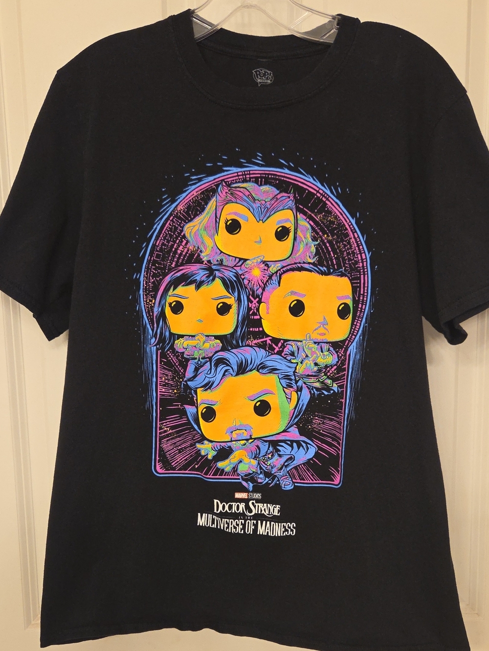 Funko Black Short Sleeve Tee with Neon Marvel Characters, Medium EUC.